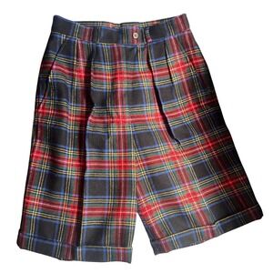 Fedora Vintage 100% Virgin Wool Plaid Pleated High Waisted Shorts Cuffed Size 9